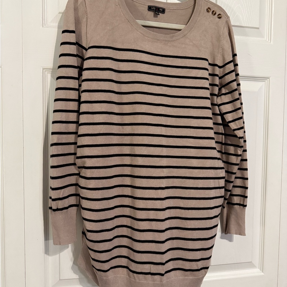 Lety & Me Striped Crew Neck Maternity Sweater - Taupe and Black